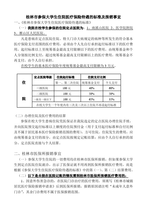 桂林市参保大学生住院医疗保险待遇的标准及报销事宜