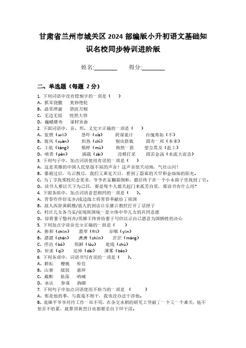 甘肃省兰州市城关区2024部编版小升初语文基础知识名校同步特训进阶版