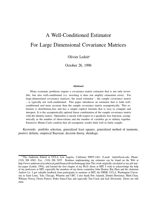 A well conditioned estimator for large dimensional covariance matrices, Unpublished working