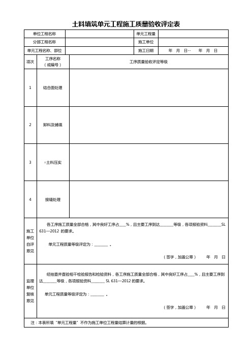 土料填筑单元工程施工质量验收评定表