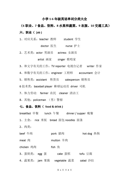 小学1-6年级英语单词分类大全(6职业、7食品、饮料、8水果和蔬菜、9衣服、10交通工具)