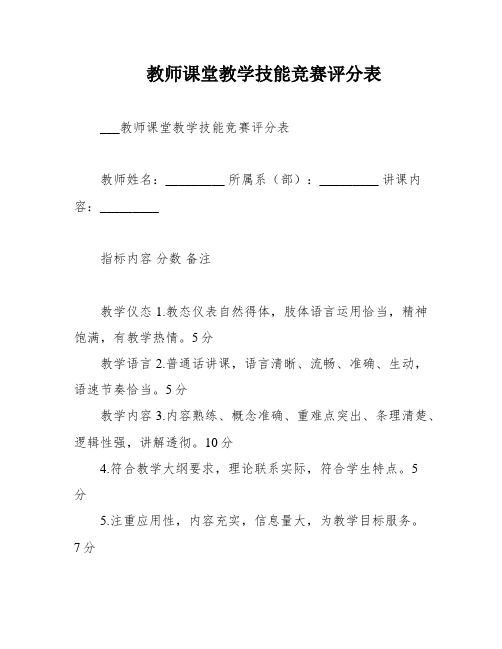 教师课堂教学技能竞赛评分表