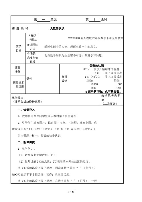 2020新人教版六年级数学下册全册教案