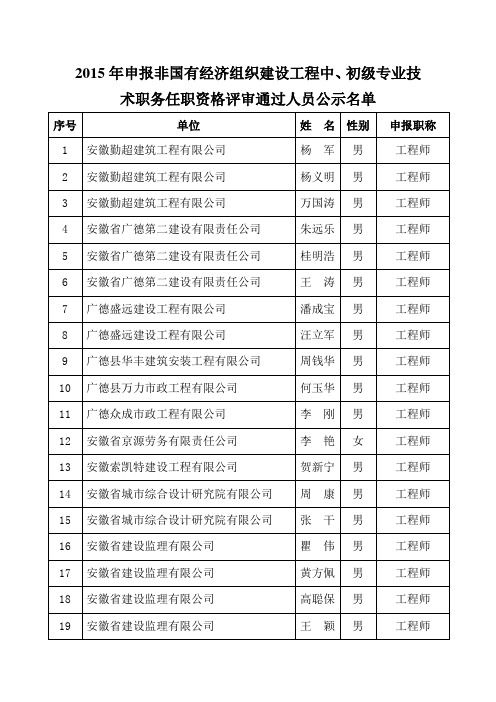 2015年申报非国有经济组织建设工程中、初级专业技术职务任