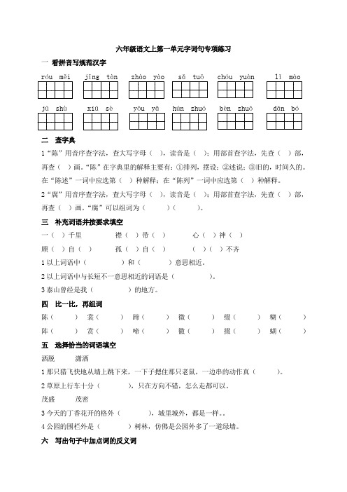 部编版六年级语文上册第一单元字词句专项练习(人教部编版,含答案)