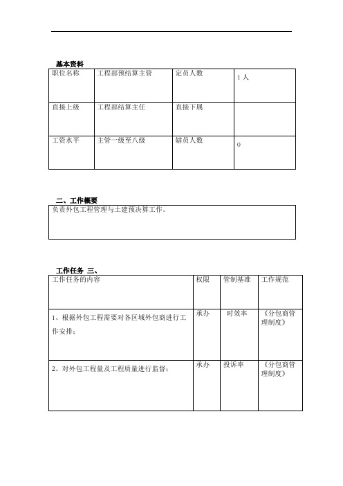 工程部预结算主管职位说明书