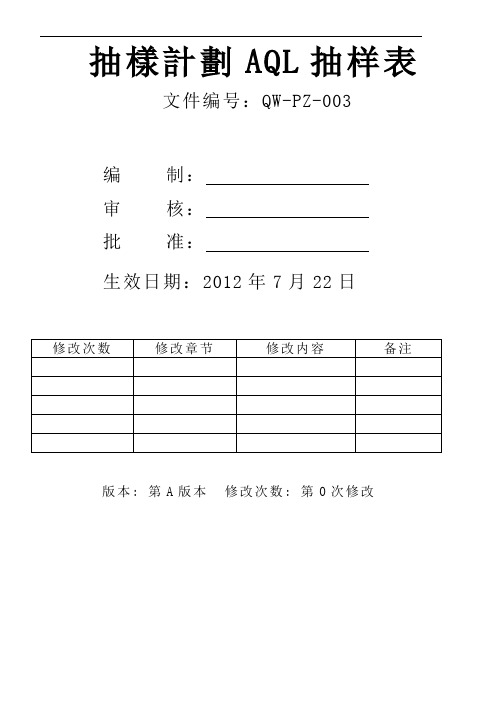 003抽样计划AQL抽样表