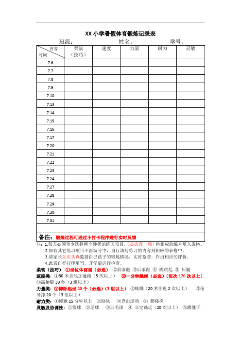 2019学年下学期三年级体育暑假作业