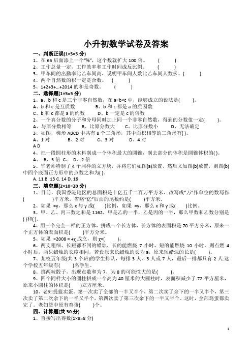 小学升初中数学试卷及答案