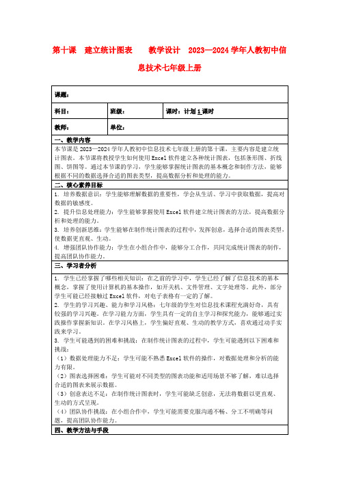 第十课建立统计图表  教学设计 2023—2024学年人教初中信息技术七年级上册