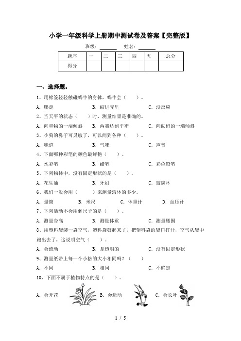 小学一年级科学上册期中测试卷及答案【完整版】