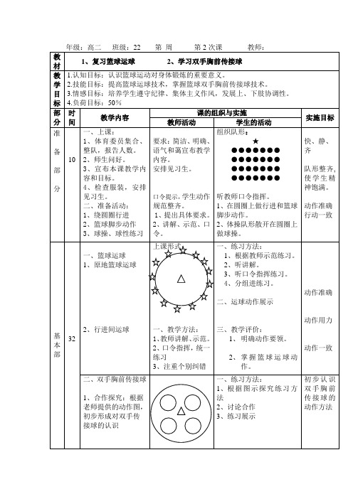 高中体育与健康 人教版 第八章第二节 复习篮球运球   学习双手胸前传接球教案