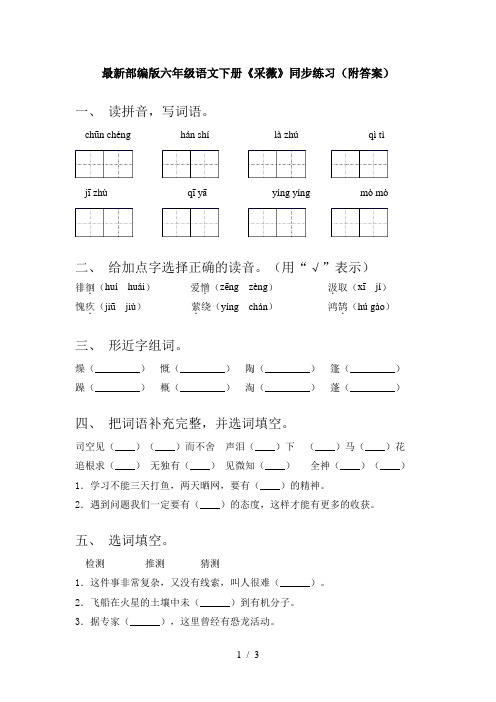 最新部编版六年级语文下册《采薇》同步练习(附答案)