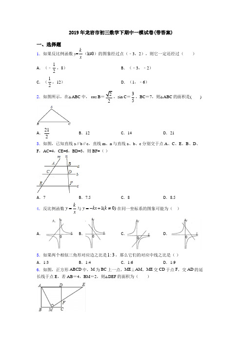 2019年龙岩市初三数学下期中一模试卷(带答案)