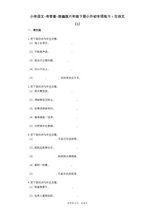 小学语文-有答案-部编版六年级下册小升初专项练习:古诗文(1)