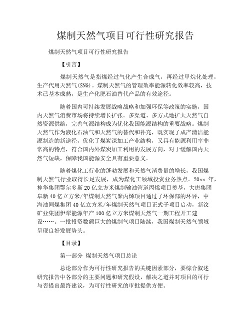 煤制天然气项目可行性研究报告