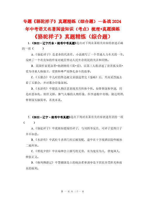 专题《骆驼祥子》真题精练(综合题)-备战2024年中考语文名著阅读知识(考点)梳理+真题演练