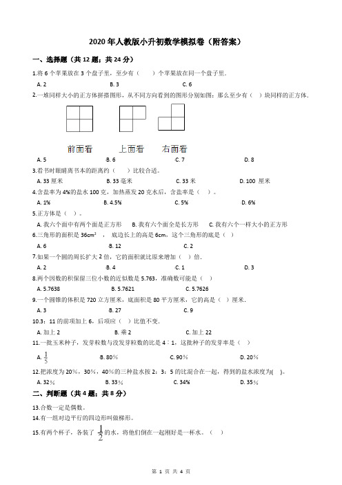 2020年人教版小升初数学模拟卷(附答案)