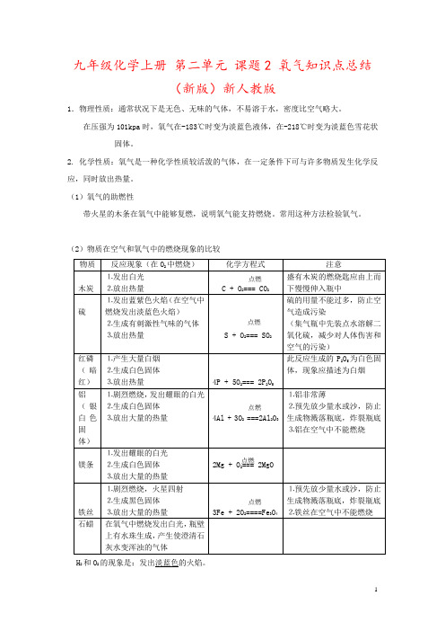 九年级化学上册 第二单元 课题2 氧气知识点总结 (新版)新人教版