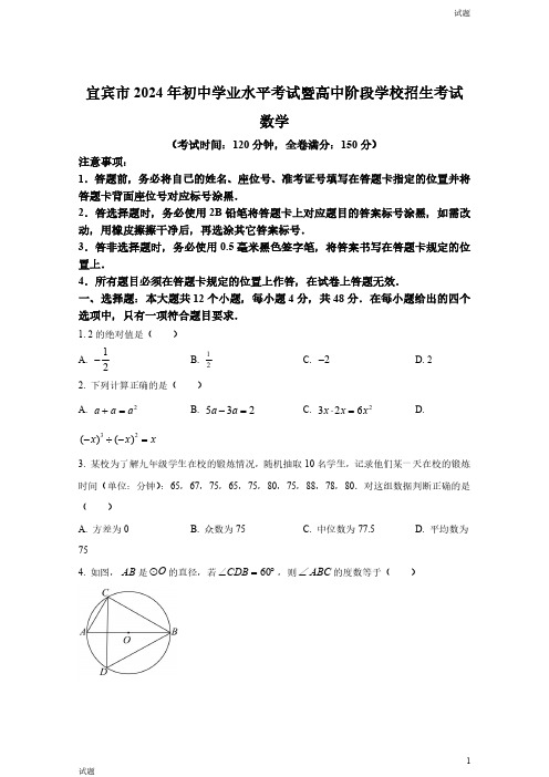 2024年四川省宜宾市中考数学真题卷及答案