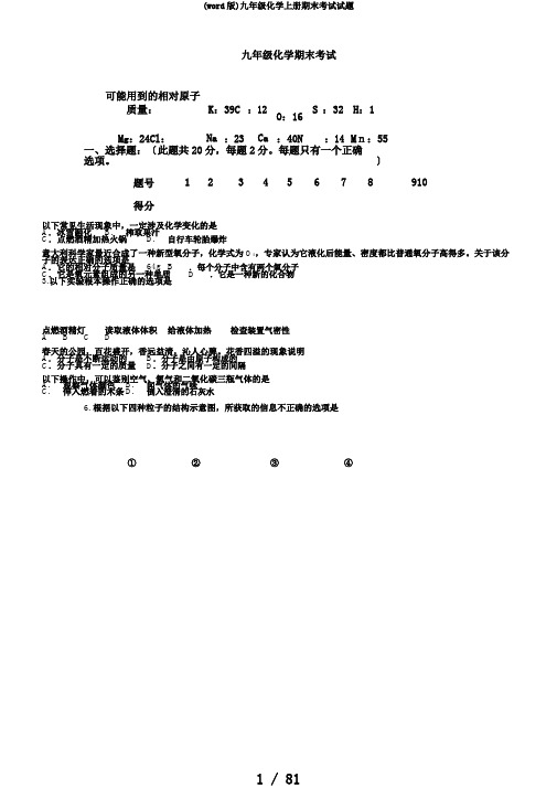 (word版)九年级化学上册期末考试试题