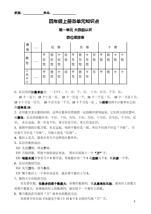 四年级数学上册各单元知识点(早读纸)