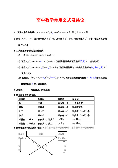 高中数学88常用公式及结论总结