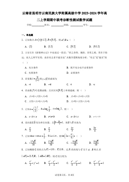 云南省昆明市云南民族大学附属高级中学2023-2024学年高二上学期期中联考诊断性测试数学试题