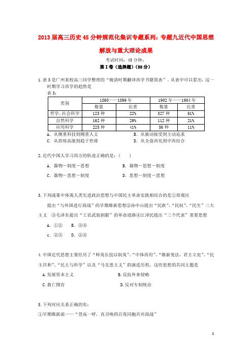 2013届高三历史 45分钟规范化集训专题系列 专题九 近代中国思想解放与重大理论成果