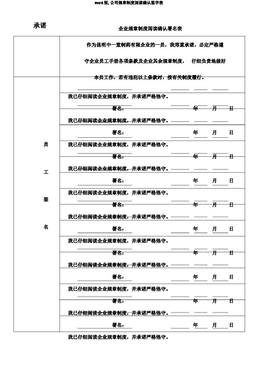 word版,公司规章制度阅读确认签字表