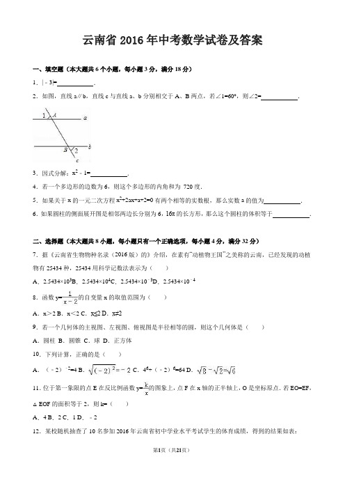 云南省2016年中考数学试卷及答案