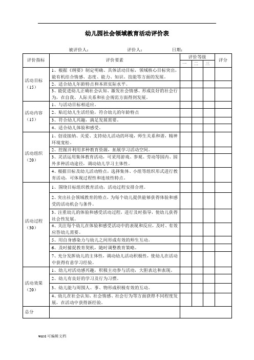 【幼儿园】社会活动评价表