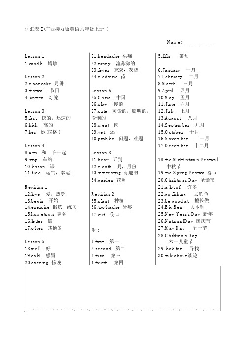 接力版小学英语六年级上册各课单词表