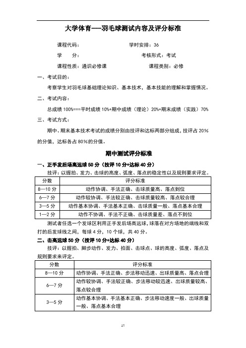 大学体育——(羽毛球)考试评分标准