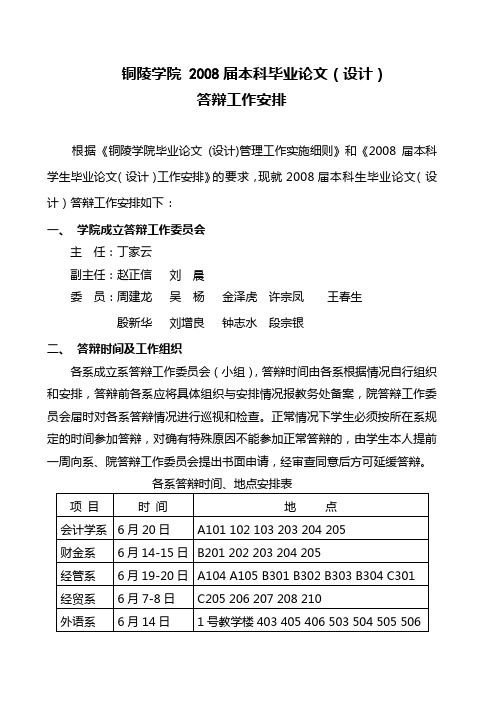 铜陵学院2008届本科毕业论文设计答辩工作安排