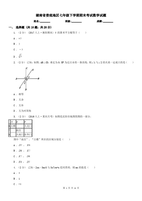 湖南省娄底地区七年级下学期期末考试数学试题 