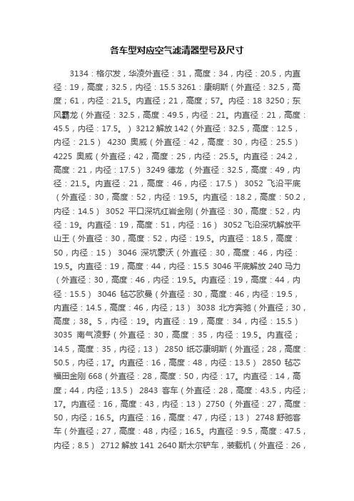 各车型对应空气滤清器型号及尺寸