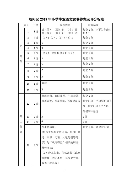 朝阳区2019年小学毕业语文试卷答案及评分标准