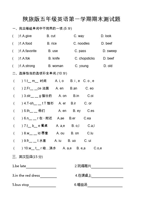 新陕旅版五年级上册英语期末测试题 2套