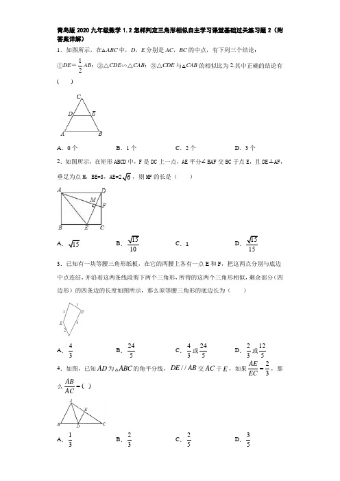 青岛版2020九年级数学1.2怎样判定三角形相似自主学习课堂基础过关练习题2(附答案详解)