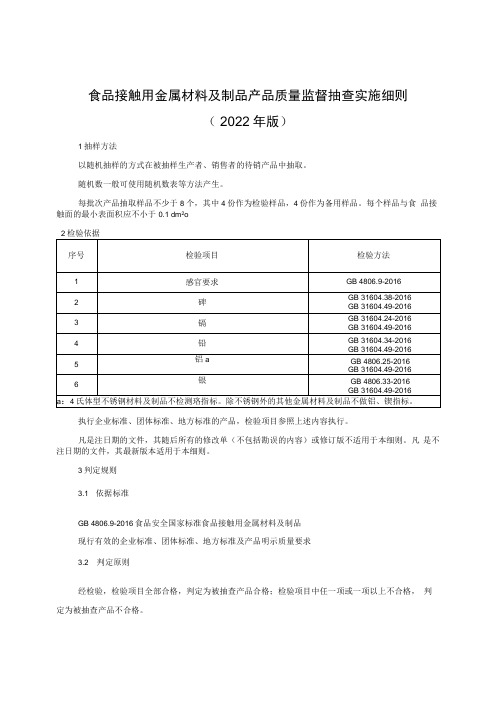 食品接触用金属材料及制品产品质量监督抽查实施细则(2022年版)