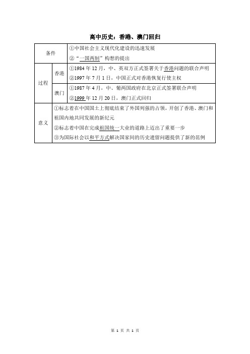 高中历史：香港、澳门回归