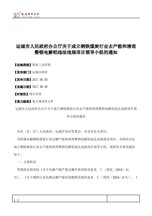 运城市人民政府办公厅关于成立钢铁煤炭行业去产能和清理整顿电解