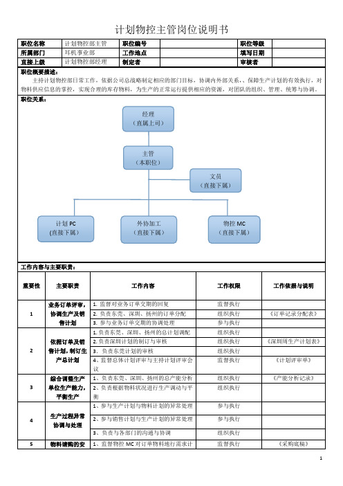 实业公司 计划物控部岗位说明书