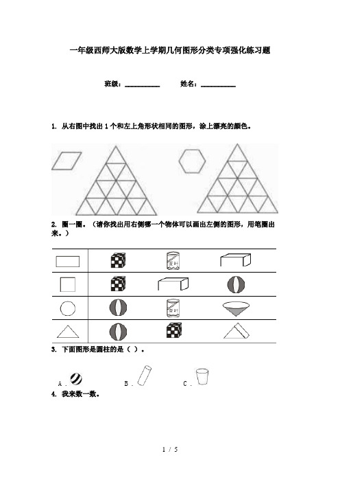 一年级西师大版数学上学期几何图形分类专项强化练习题