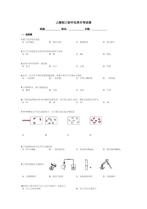 上海初三初中化学月考试卷带答案解析
