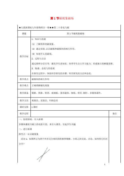 2020_2021学年九年级物理全册20.1磁现象磁场教学设计新版新人教版