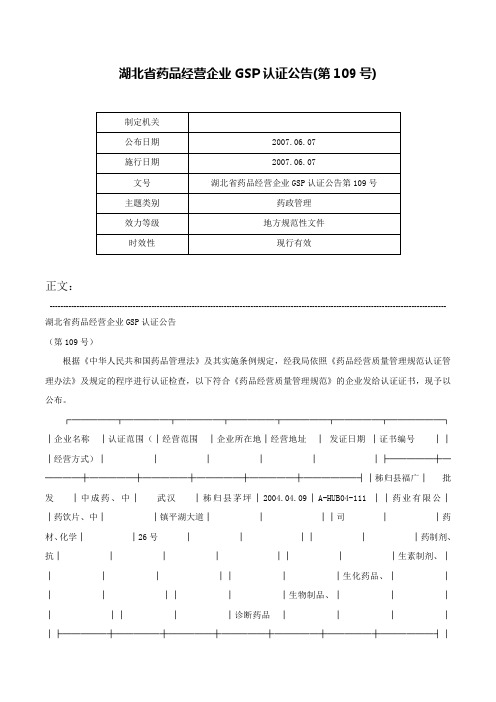 湖北省药品经营企业GSP认证公告(第109号)-湖北省药品经营企业GSP认证公告第109号