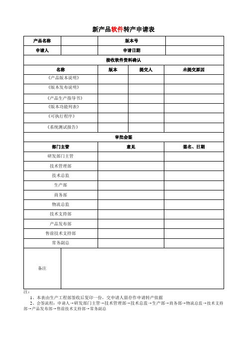 软件开发 新产品软件转产申请表模版