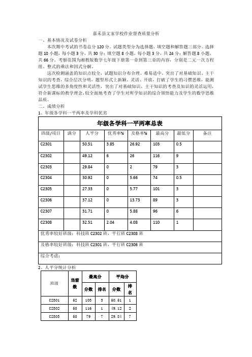 嘉禾县文家学校期中考试数学试卷分析